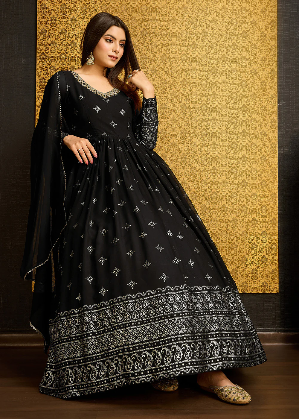 Black Metalic Foil Work Embroidered Wedding Wear Gown - Image 4