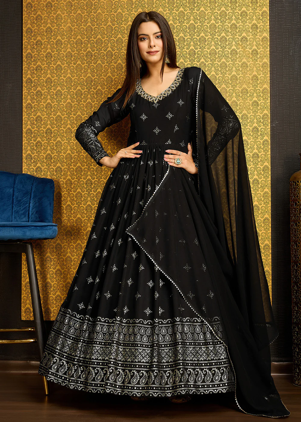 Black Metalic Foil Work Embroidered Wedding Wear Gown - Image 5