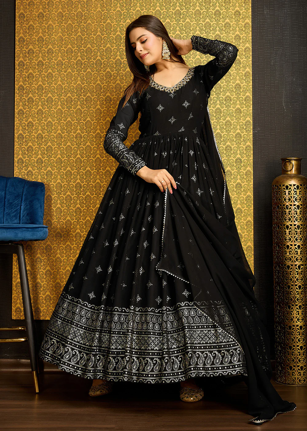 Black Metalic Foil Work Embroidered Wedding Wear Gown - Image 6