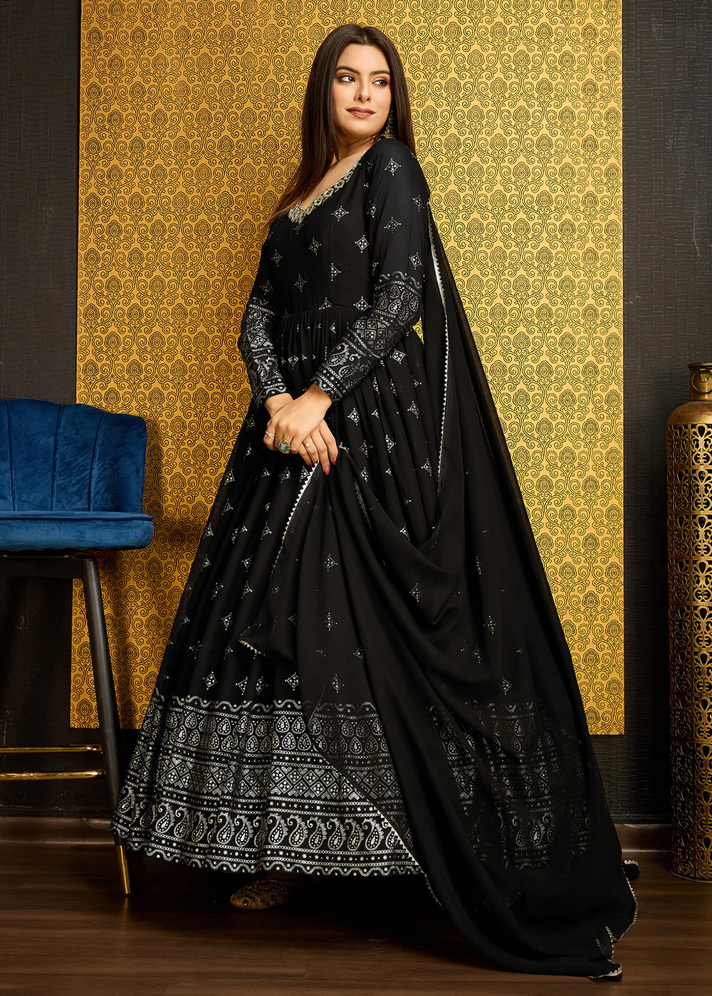 Black Metalic Foil Work Embroidered Wedding Wear Gown - Image 7