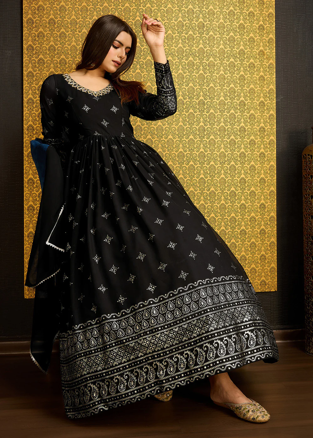 Black Metalic Foil Work Embroidered Wedding Wear Gown - Image 8