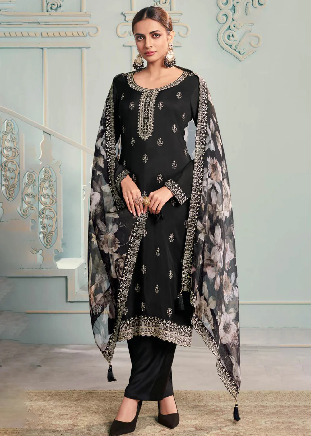 Black Moonga Silk Embroidered Trendy Salwar Suit