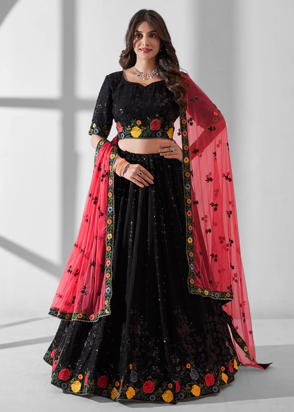 Black Multi Embroidered Wedding Festive Lehenga Choli
