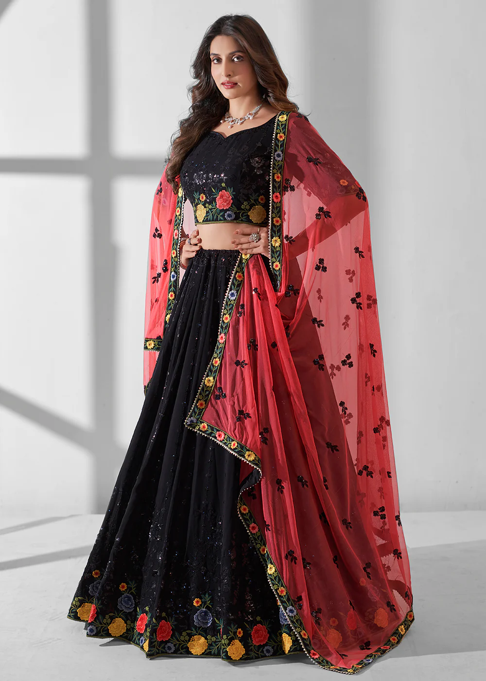 Black Multi Embroidered Wedding Festive Lehenga Choli - Image 6