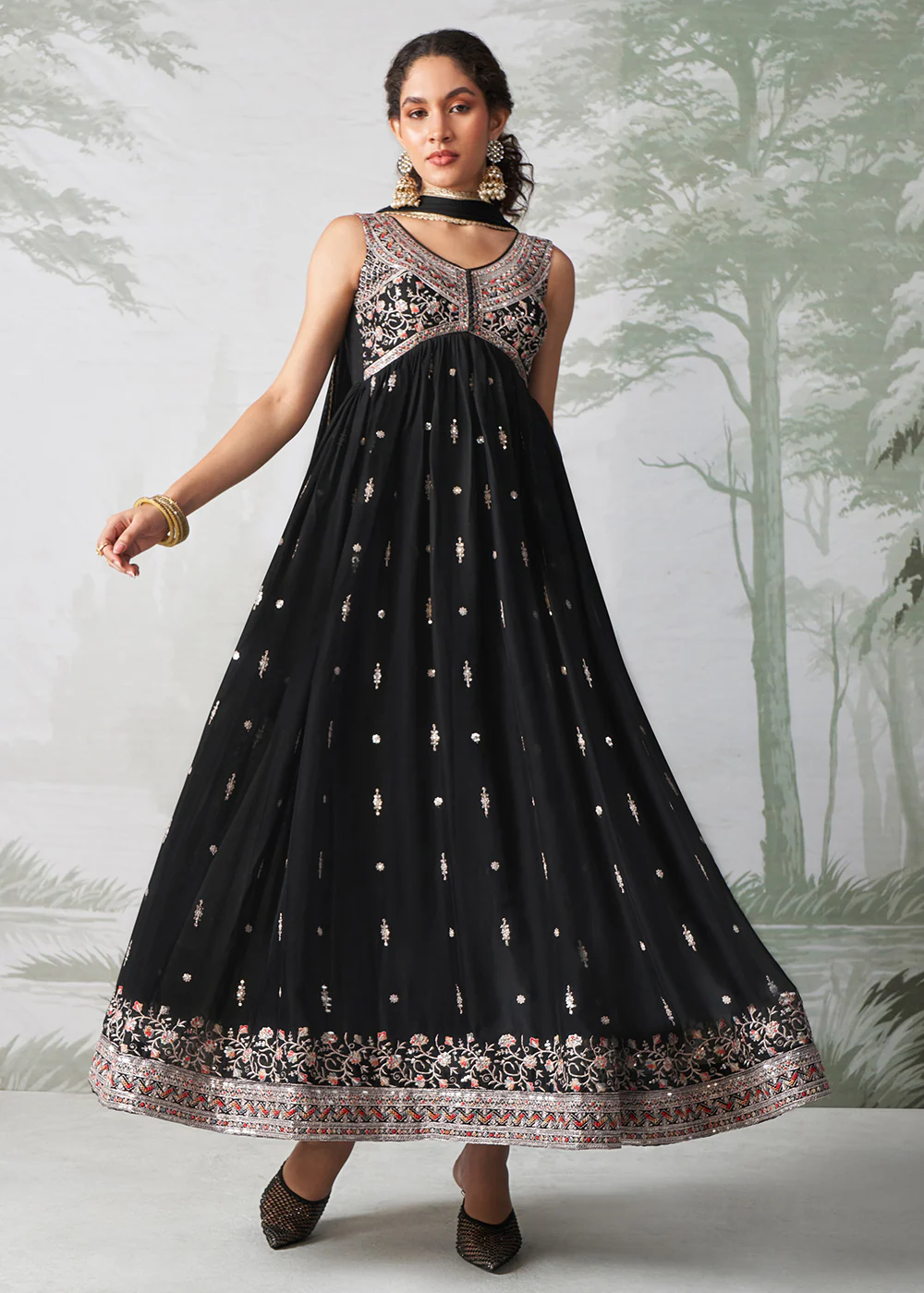 Black Multi Thread Embroidered Anarkali Style Suit - Image 3