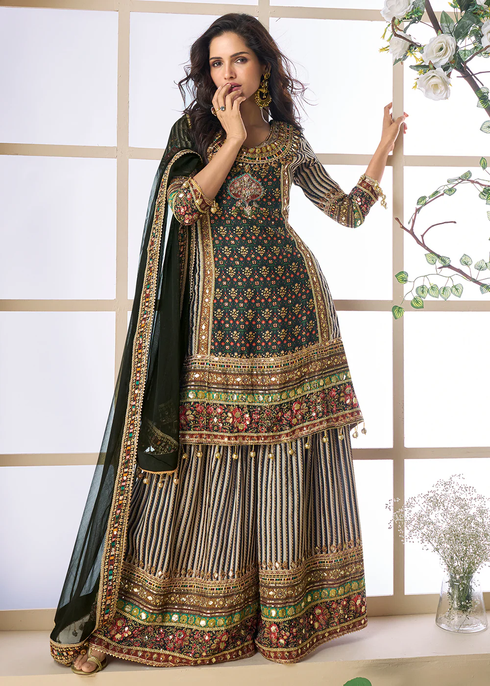 Black Multicolor Aari Embroidered Traditional Palazzo Suit