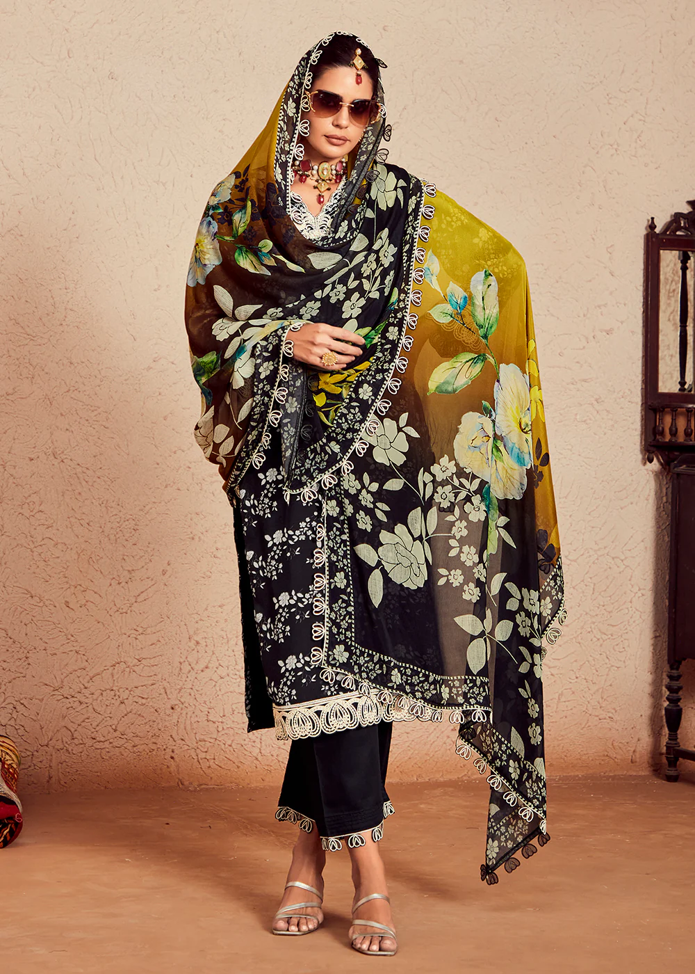 Black Muslin Cotton Digital Print & Embroidered Salwar Suit - Image 3