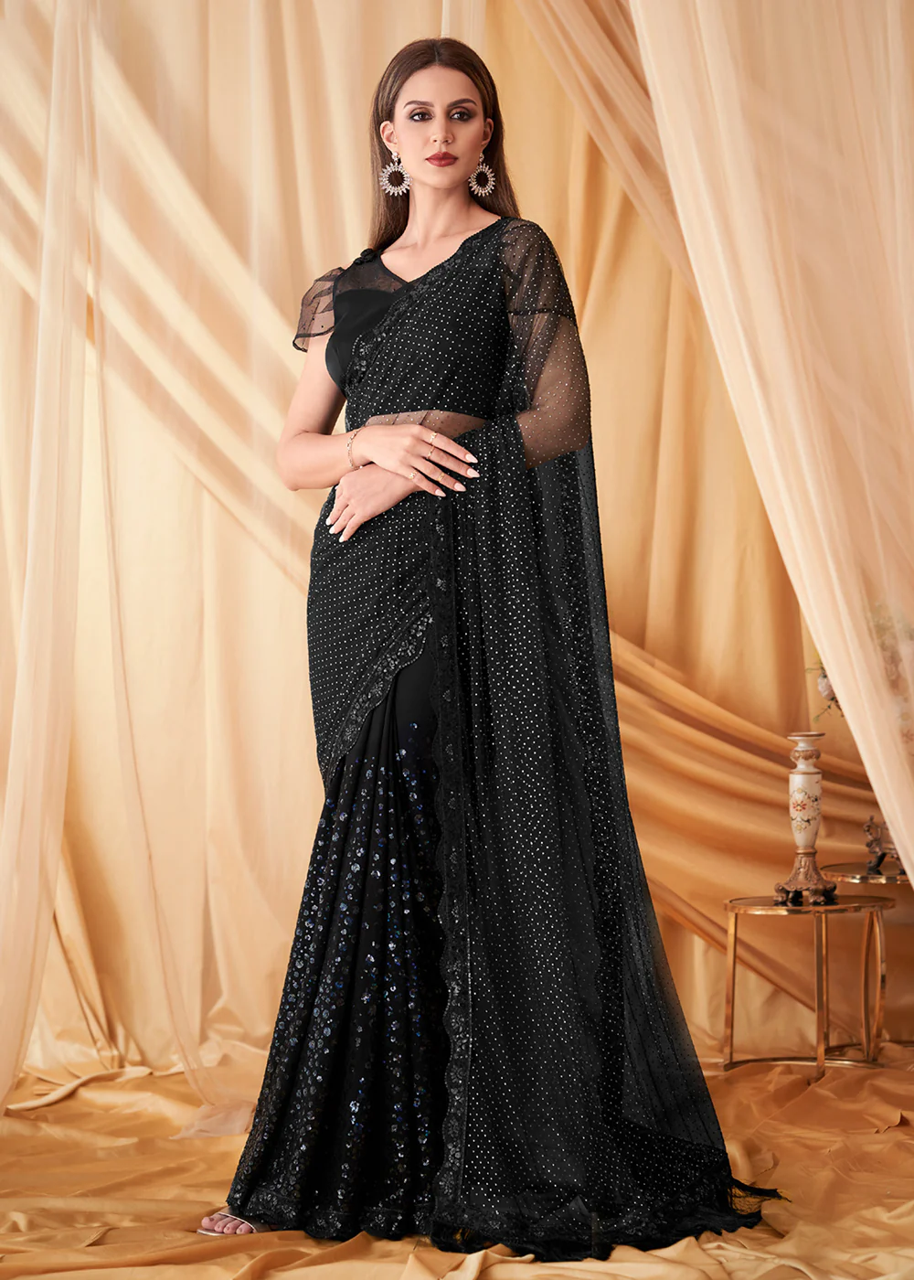 Black Net & Georgette Embroidered Festive Party Saree