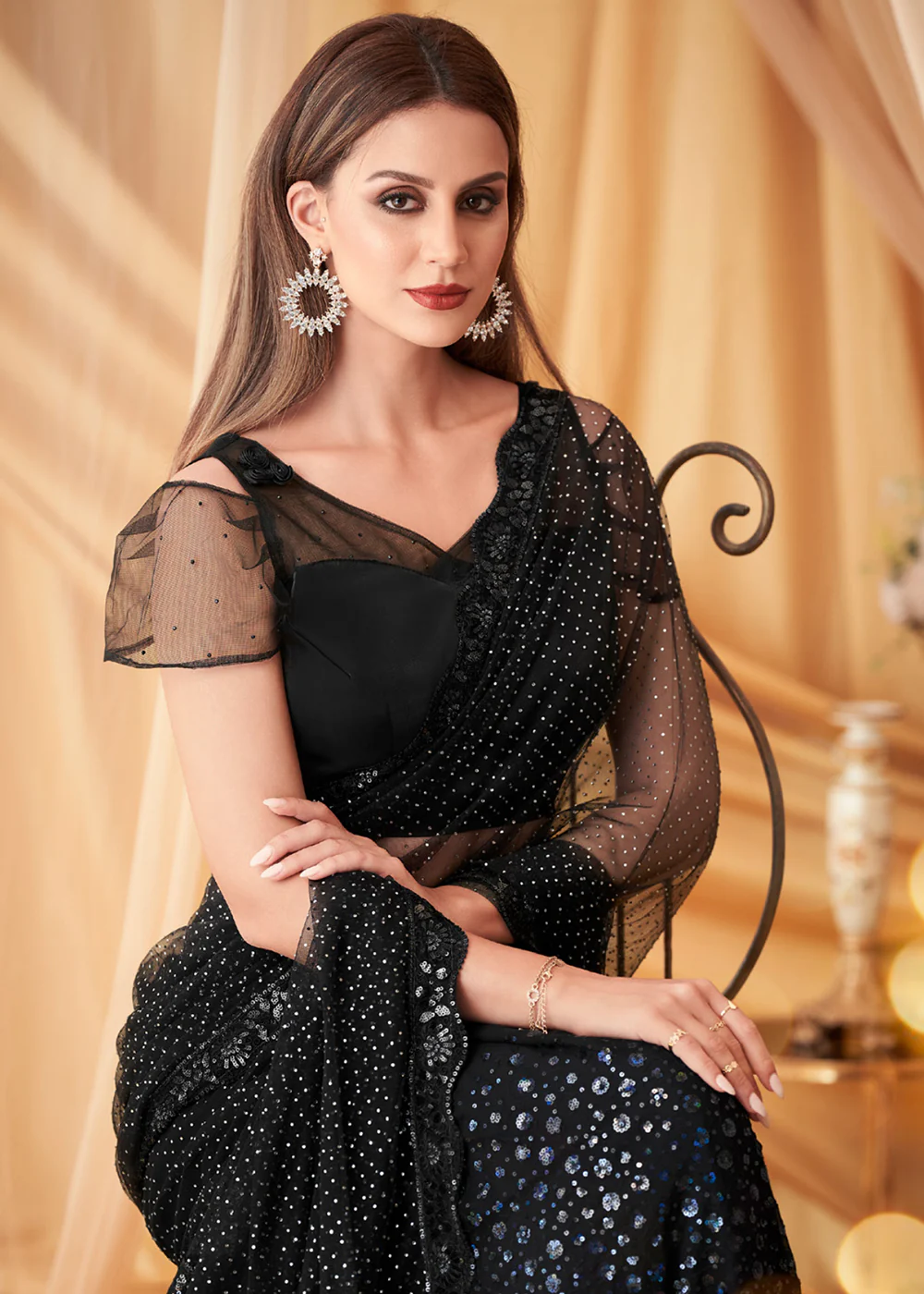 Black Net & Georgette Embroidered Festive Party Saree - Image 2