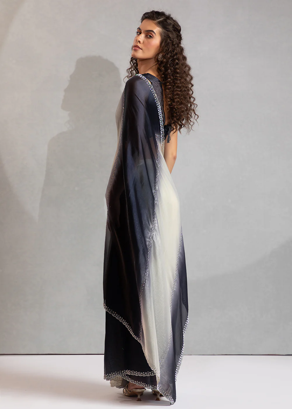 Black & Off White Satin Silk Designer Saree - Image 3