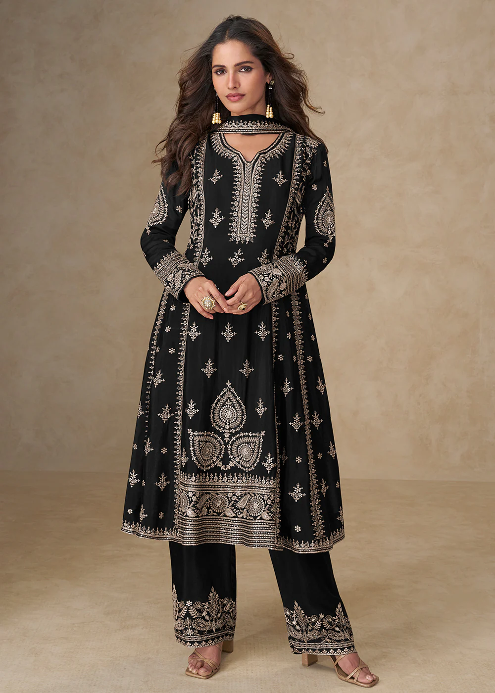 Black Palazzo Chinnon Silk Embroidered Festive Suit