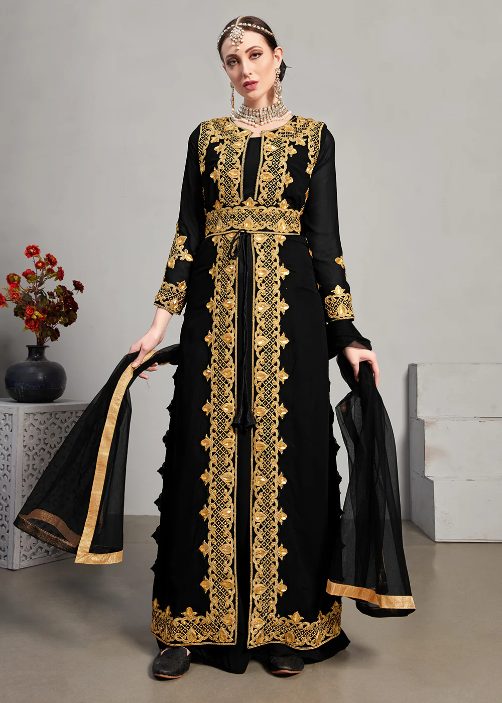 Black Pant Style Jacket Georgette Anarkali Suit