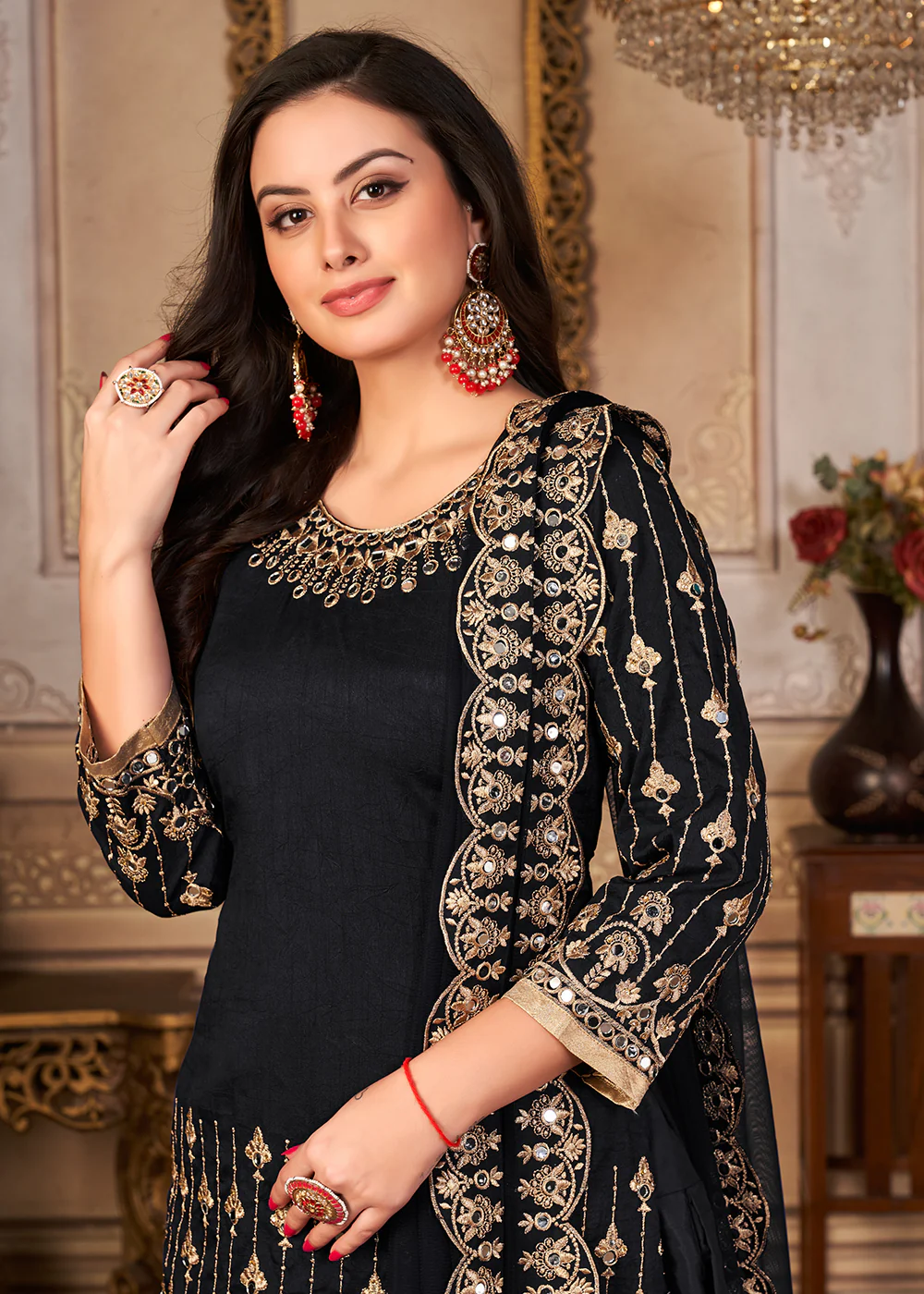 Black Patiala Style Silk Crafted Punjabi Salwar Suit - Image 2