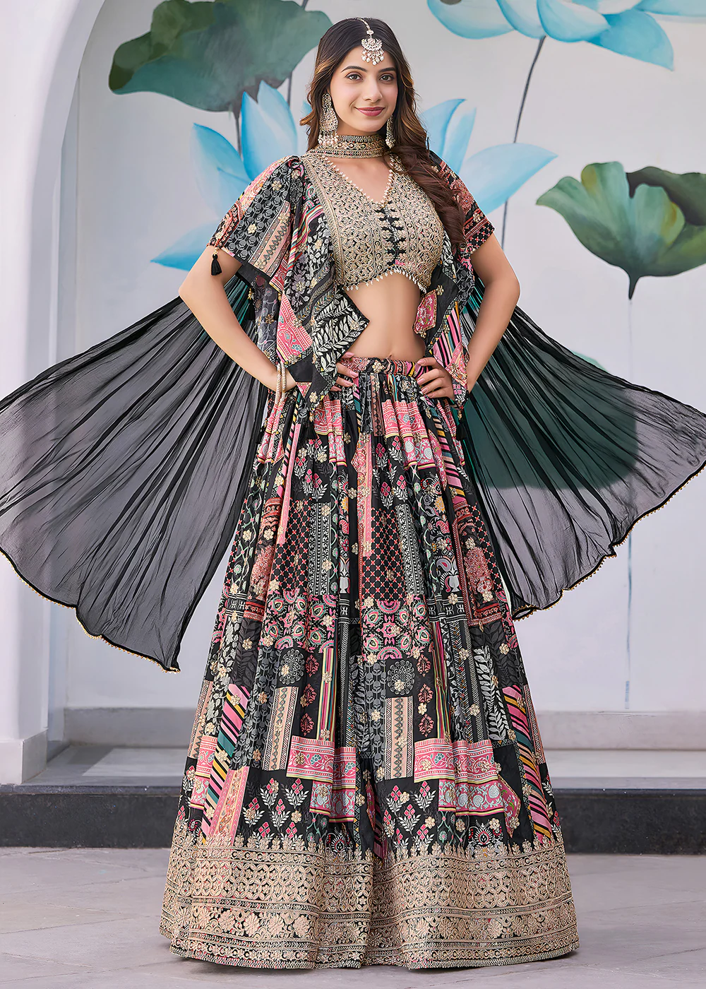 Black Printed & Zari Dori Embroidered Lehenga Choli - Image 4