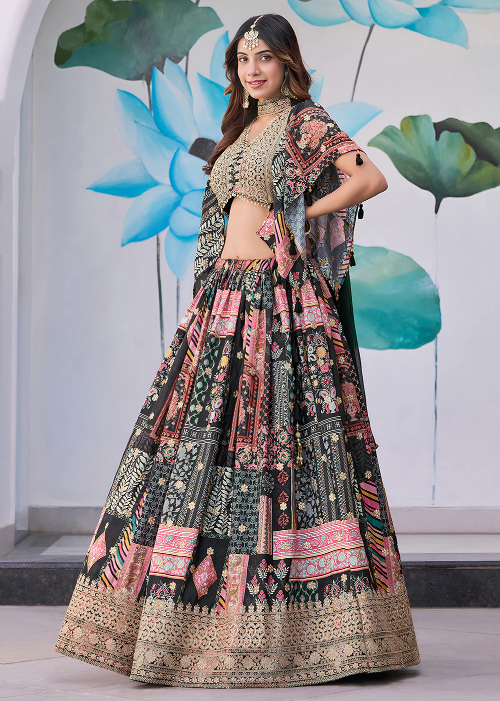 Black Printed & Zari Dori Embroidered Lehenga Choli - Image 5