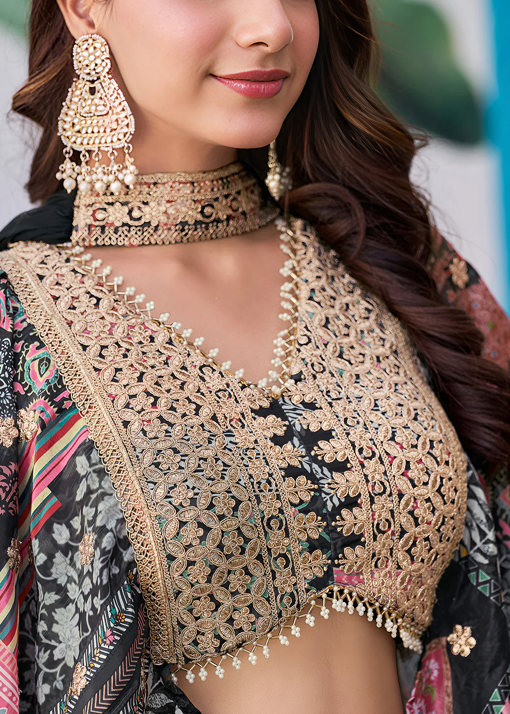 Black Printed & Zari Dori Embroidered Lehenga Choli - Image 6