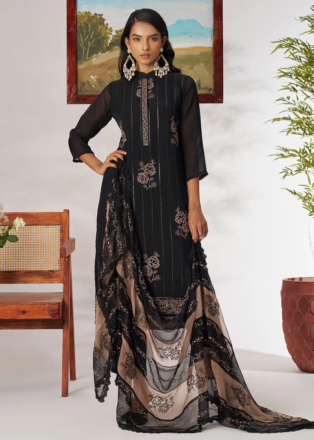 Black Pure Organza Embroidered Pant Style Salwar Suit - Image 5