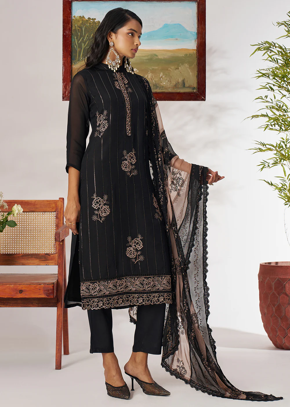 Black Pure Organza Embroidered Pant Style Salwar Suit - Image 6