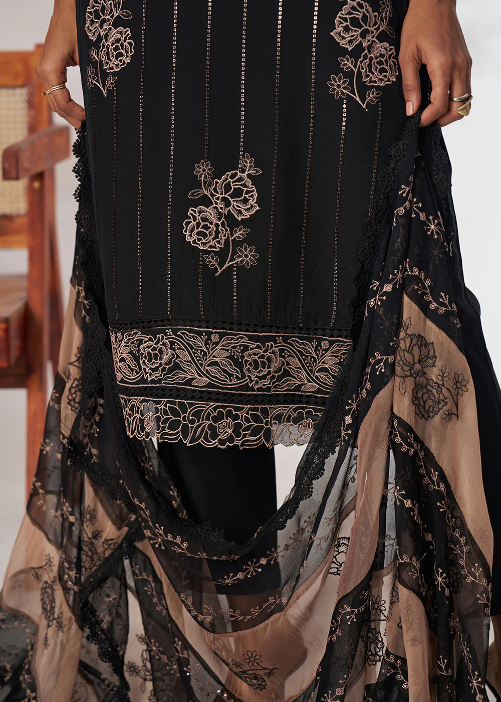 Black Pure Organza Embroidered Pant Style Salwar Suit - Image 7