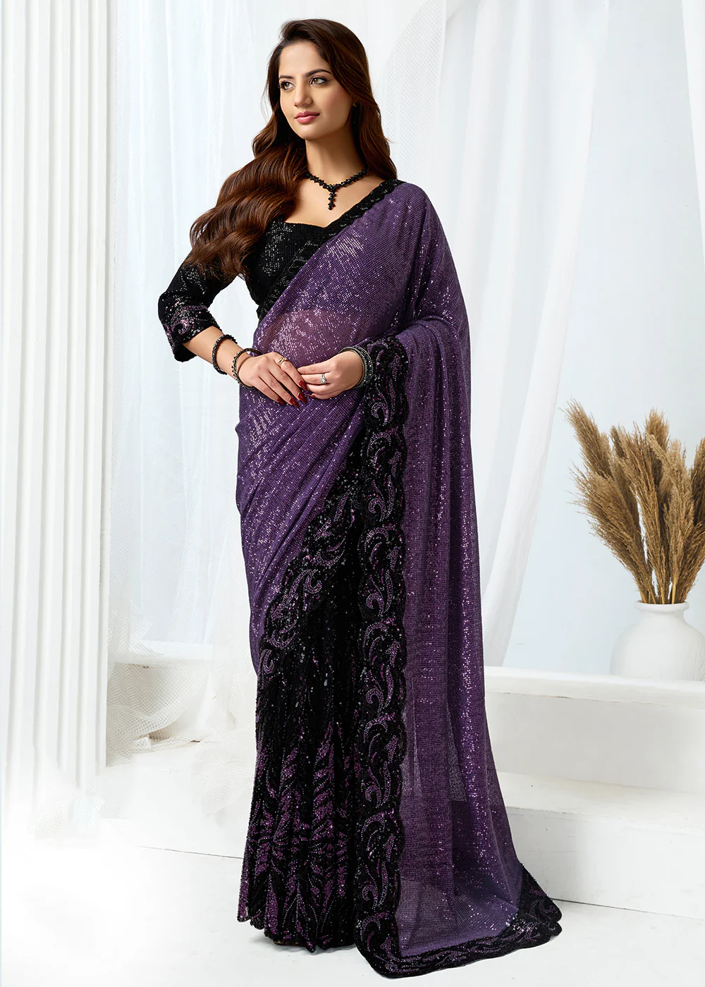 Black Purple Embroidered Wedding Party Wear Saree