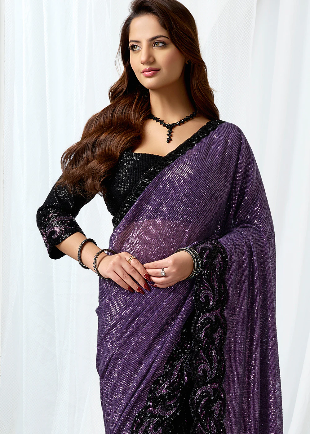 Black Purple Embroidered Wedding Party Wear Saree - Image 2