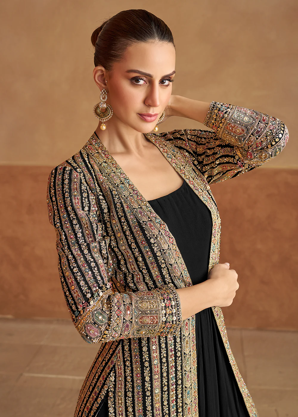 Black Real Georgette Jacket Style Anarkali Dress - Image 2