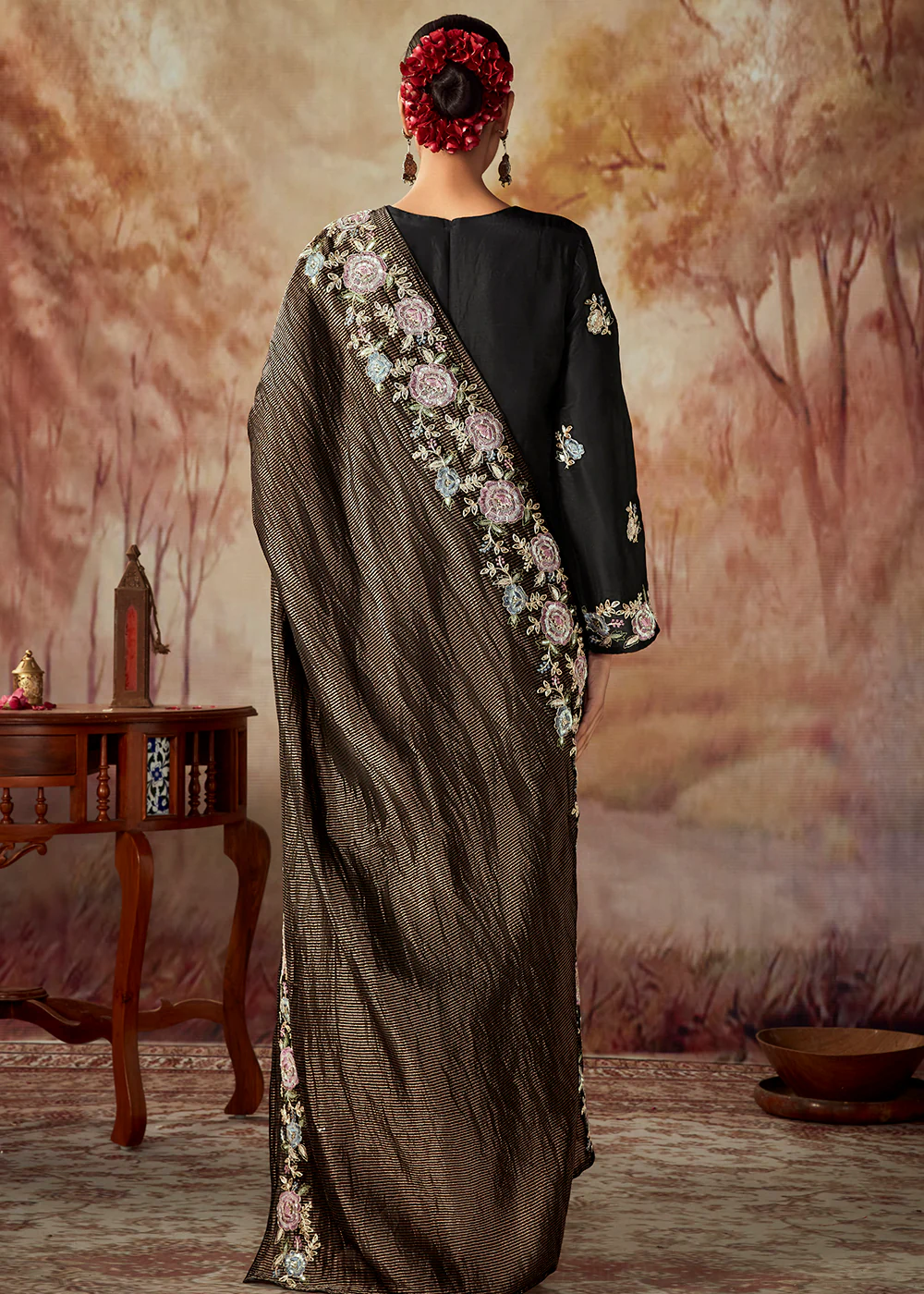 Black Russian Silk Embroidered Pant Style Salwar Kurta - Image 3