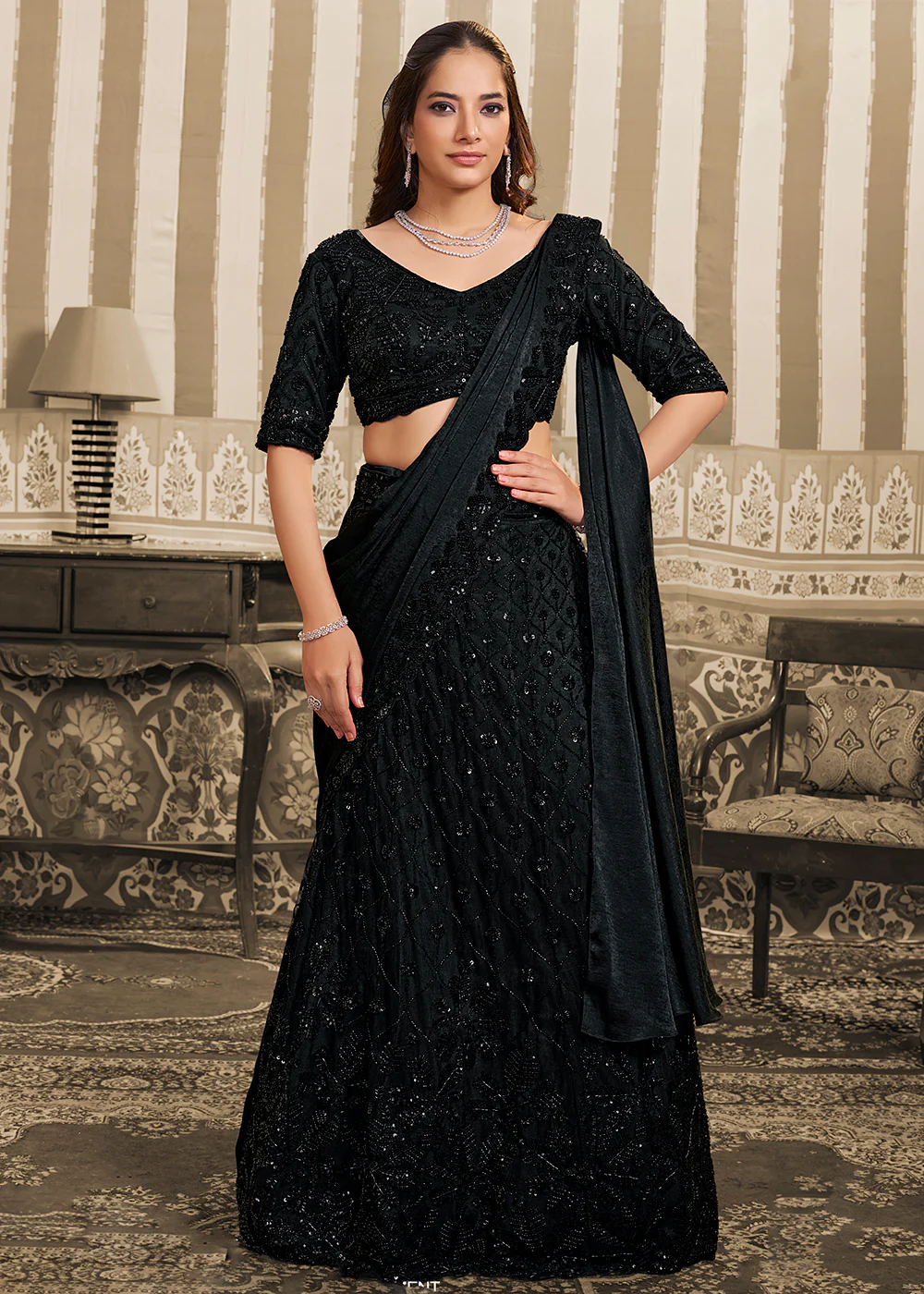 Black Saree Style Embroidered Designer Lehenga Choli