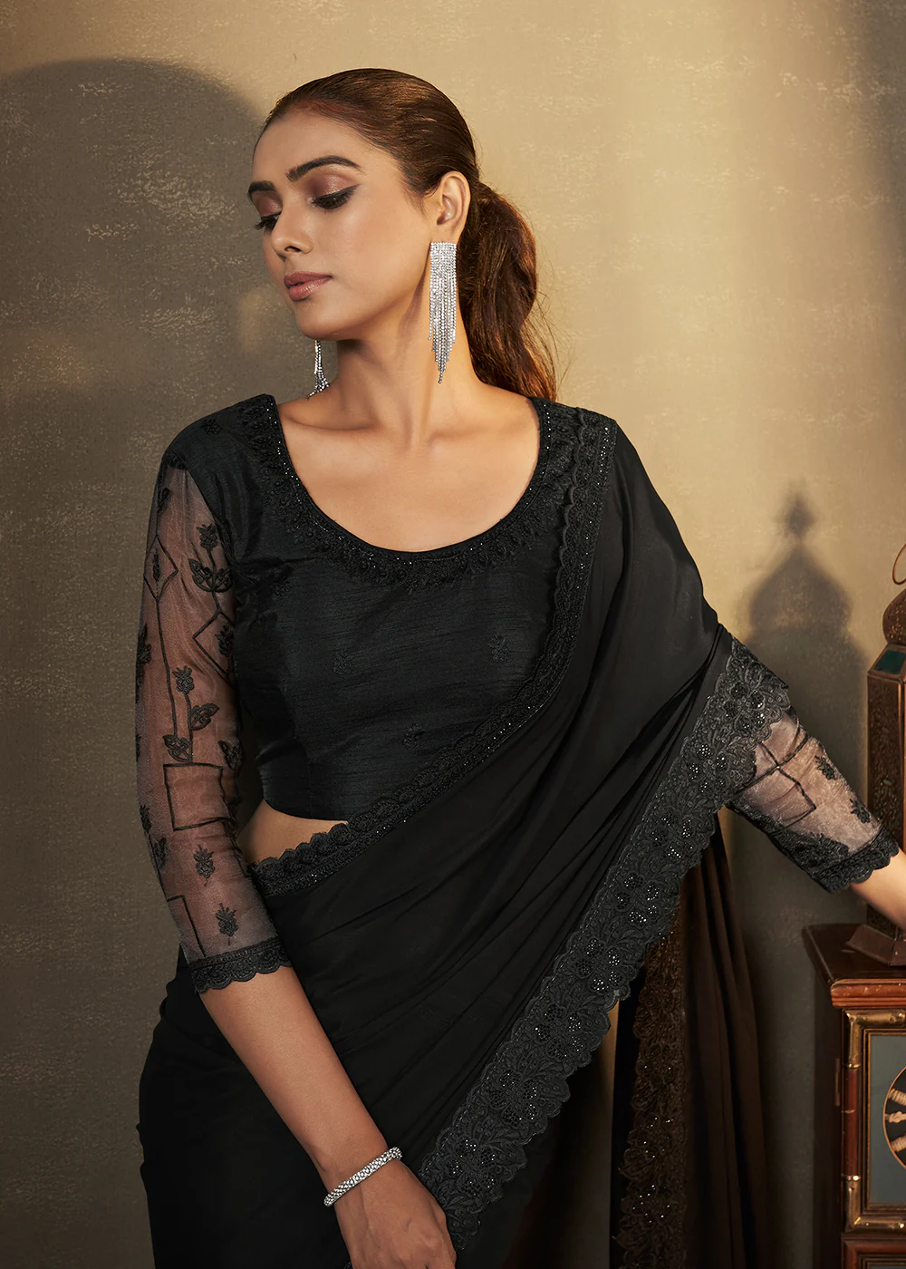 Black Satin Silk Swarovski Embroidered Designer Saree - Image 2