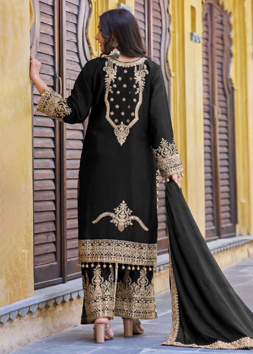 Black Semi Pure Chinnon Embroidered Wedding Palazzo Suit - Image 3