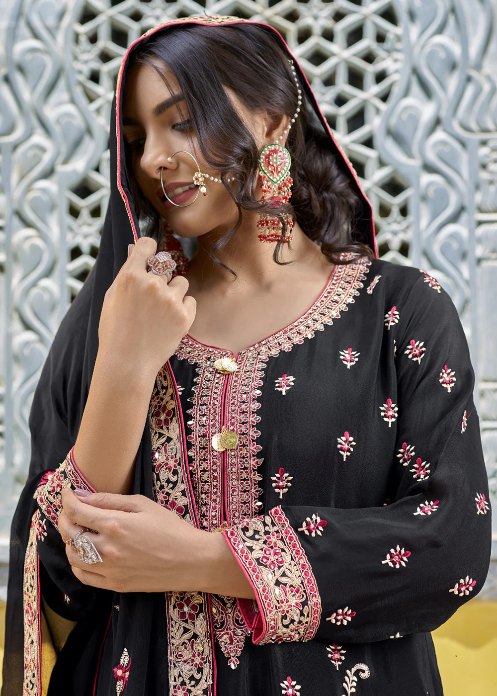 Black Semi Pure Chinnon Wedding Festive Salwar Suit - Image 2