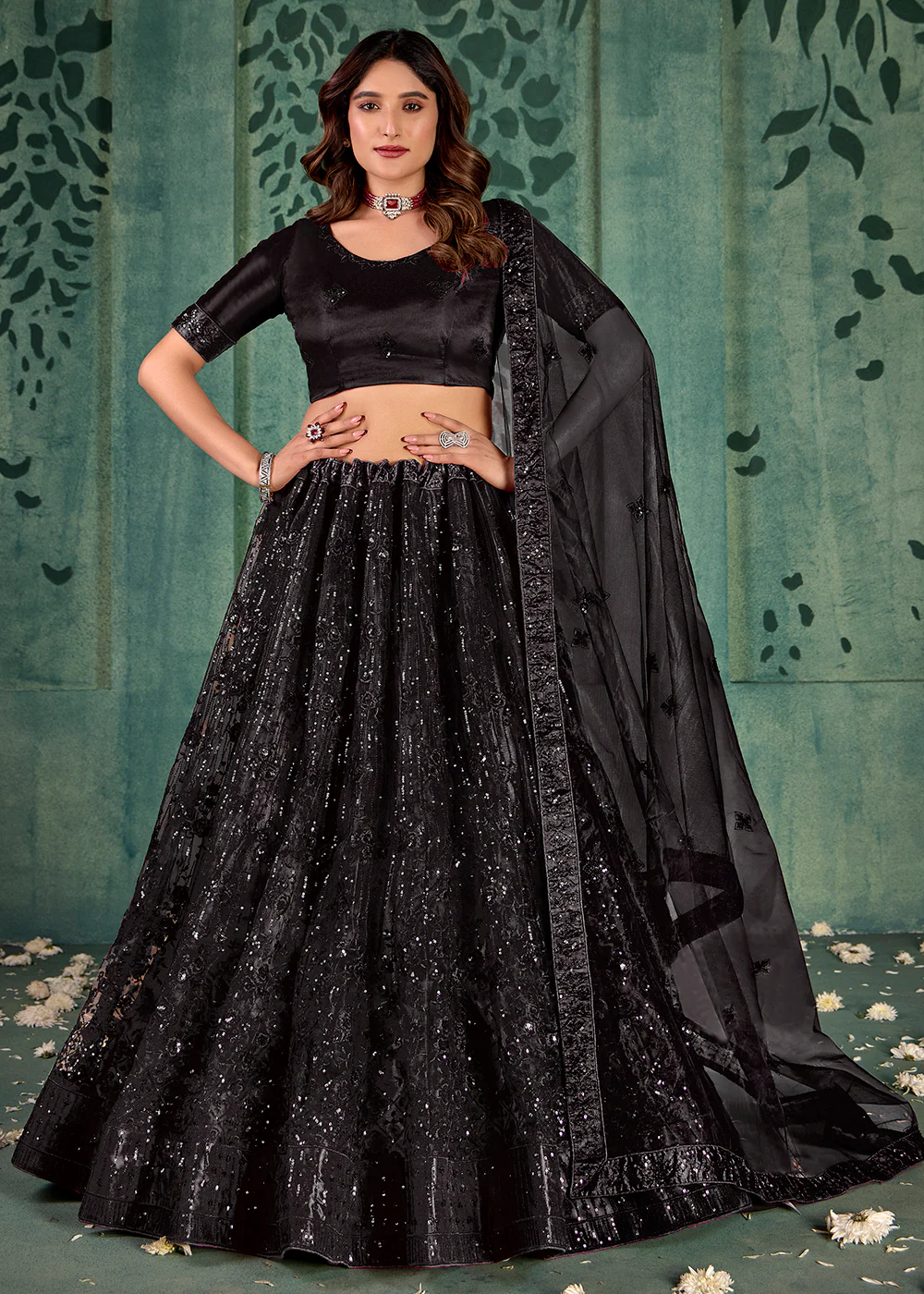 Black Sequins Embroidered Net Lehenga Choli