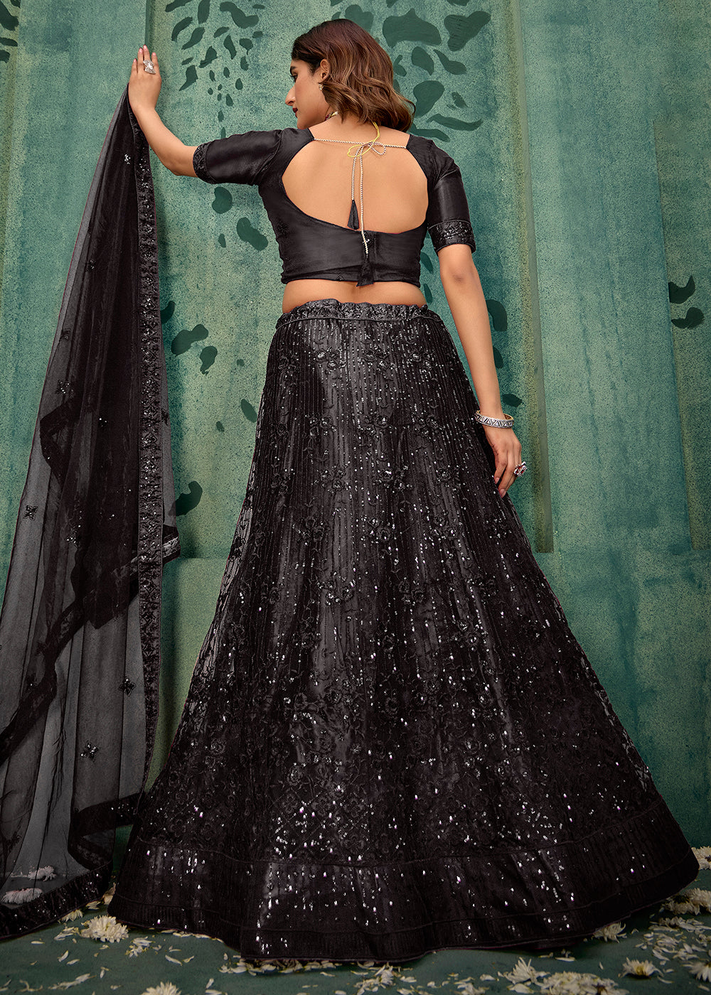 Black Sequins Embroidered Net Lehenga Choli - Image 3