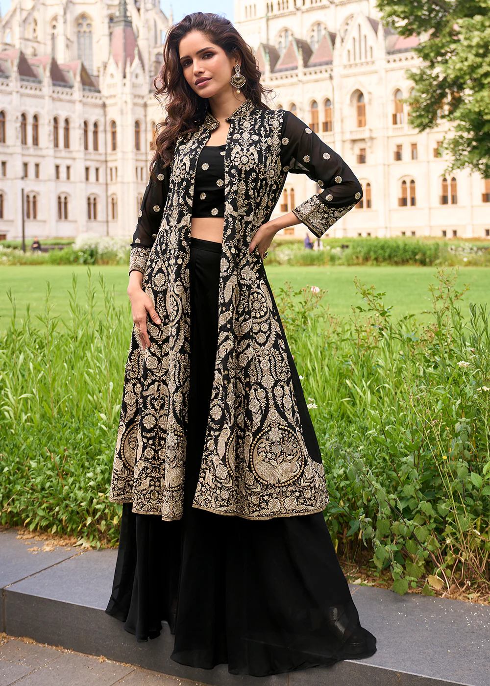 Black Shrug Style Georgette Indo Western Palazzo Suit