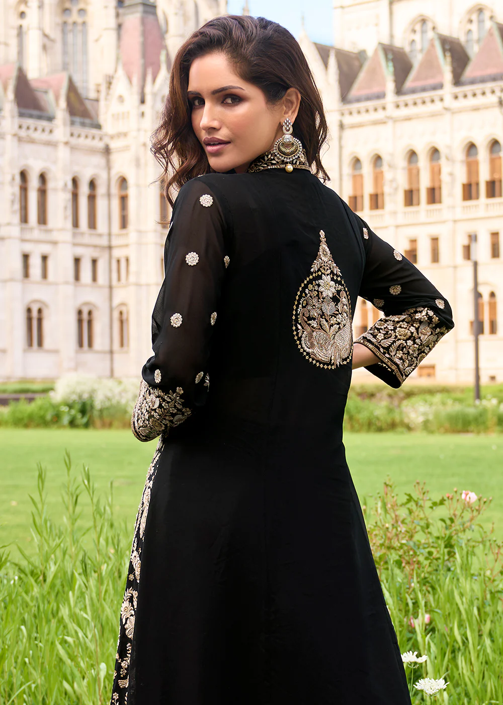 Black Shrug Style Georgette Indo Western Palazzo Suit - Image 3