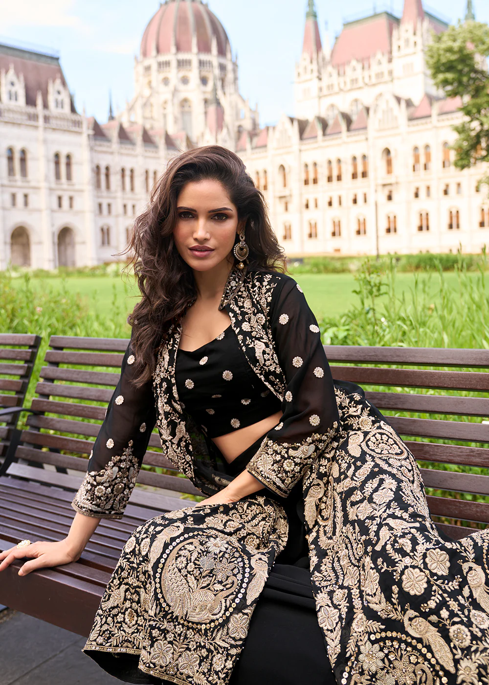Black Shrug Style Georgette Indo Western Palazzo Suit - Image 4