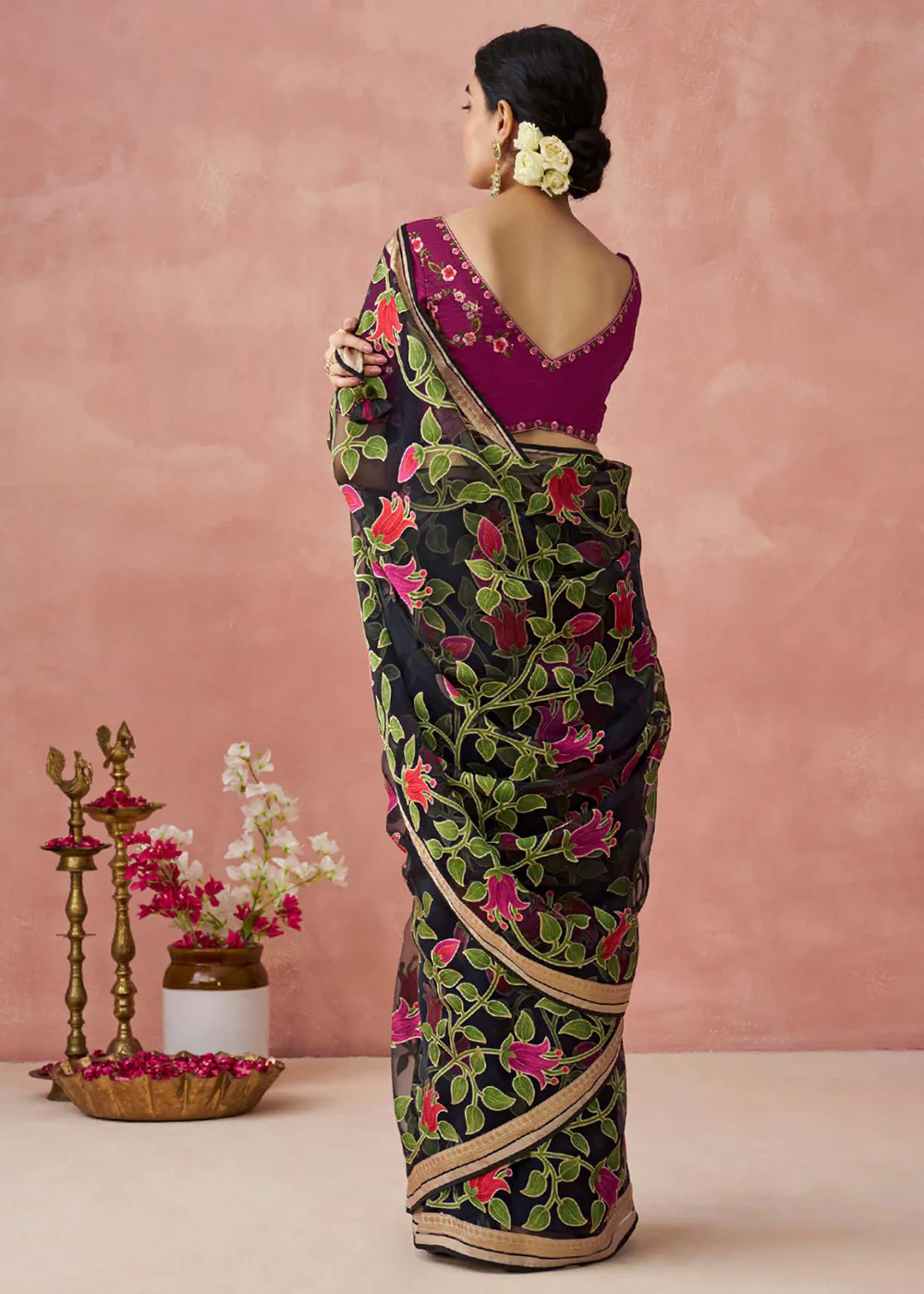 Black Soft Brasso Organza Printed Festive Classic Saree - Image 3