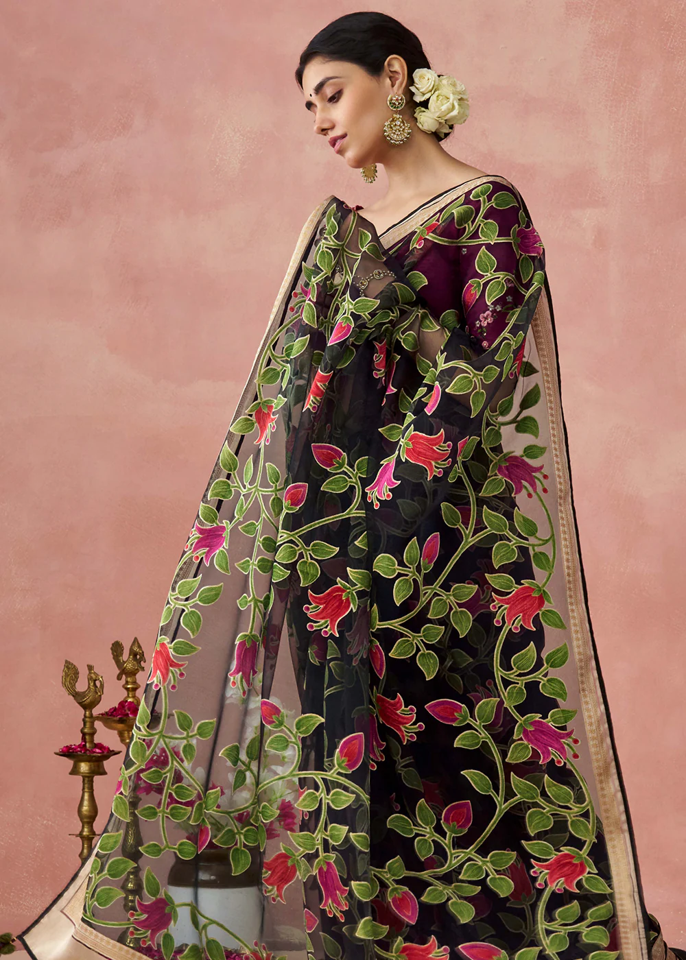 Black Soft Brasso Organza Printed Festive Classic Saree - Image 4