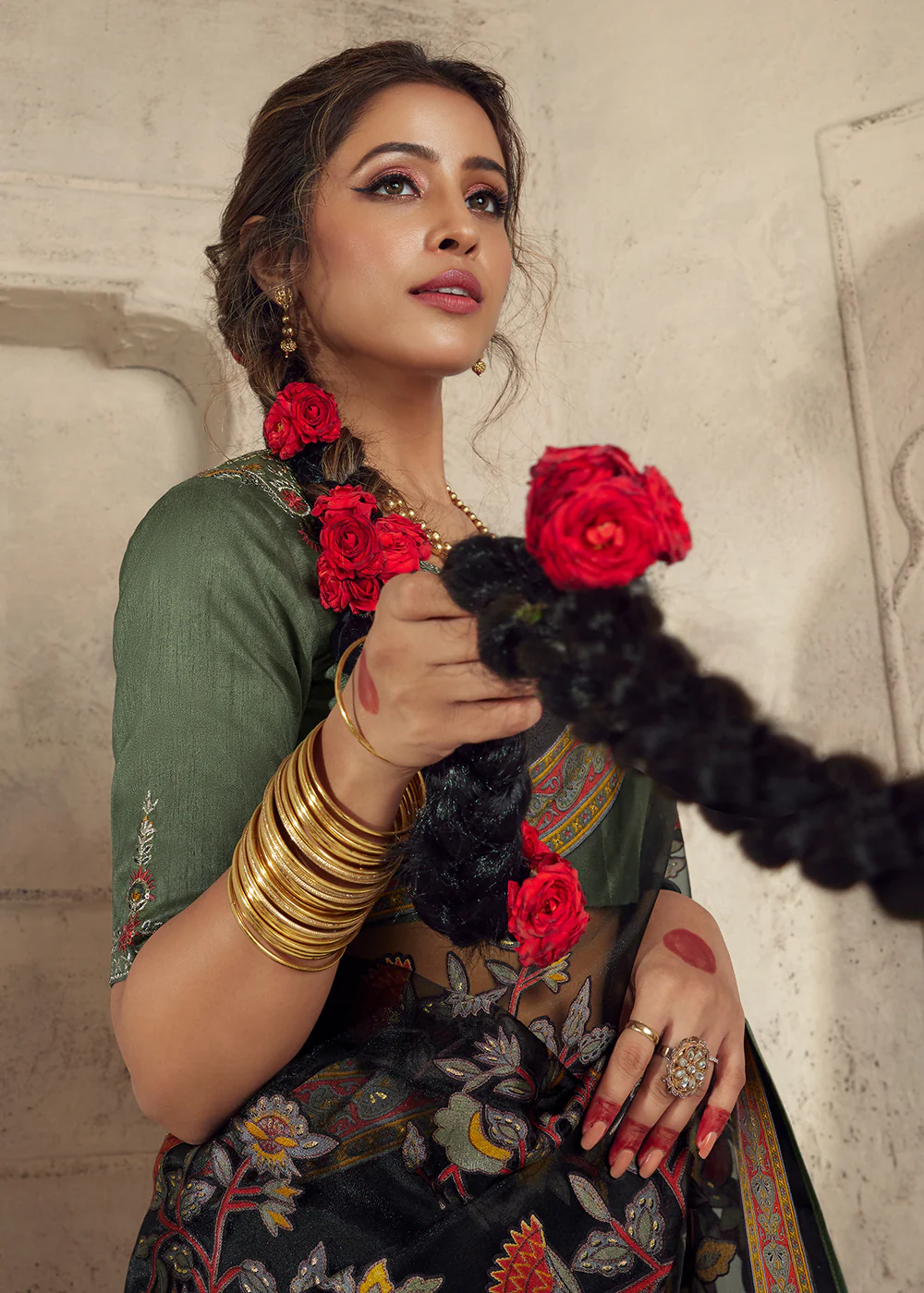 Black Soft Organza Brasso Embroidered Wedding Festive Saree - Image 2