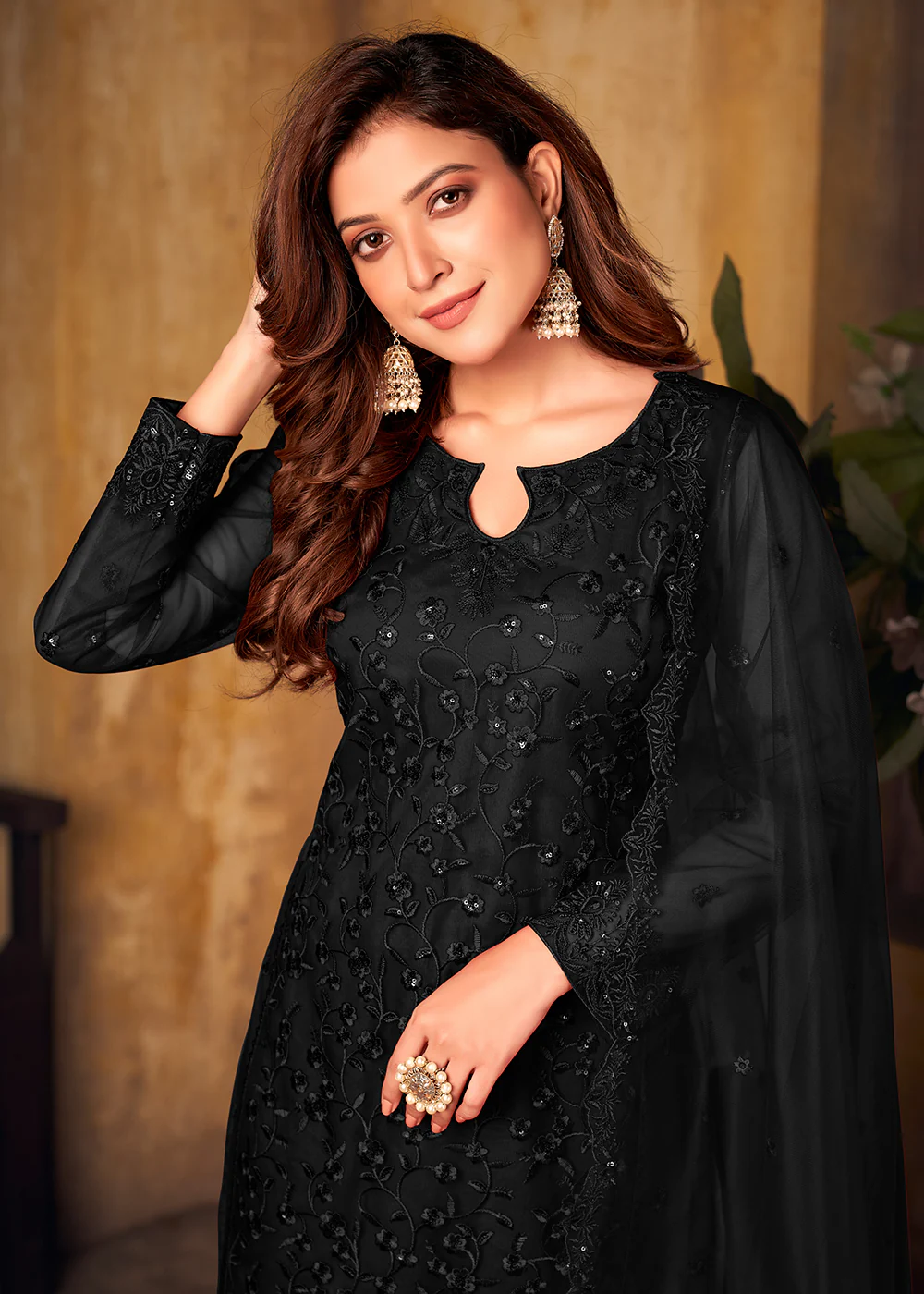 Black Tone to Tone Embroidered Net Salwar Kameez - Image 2