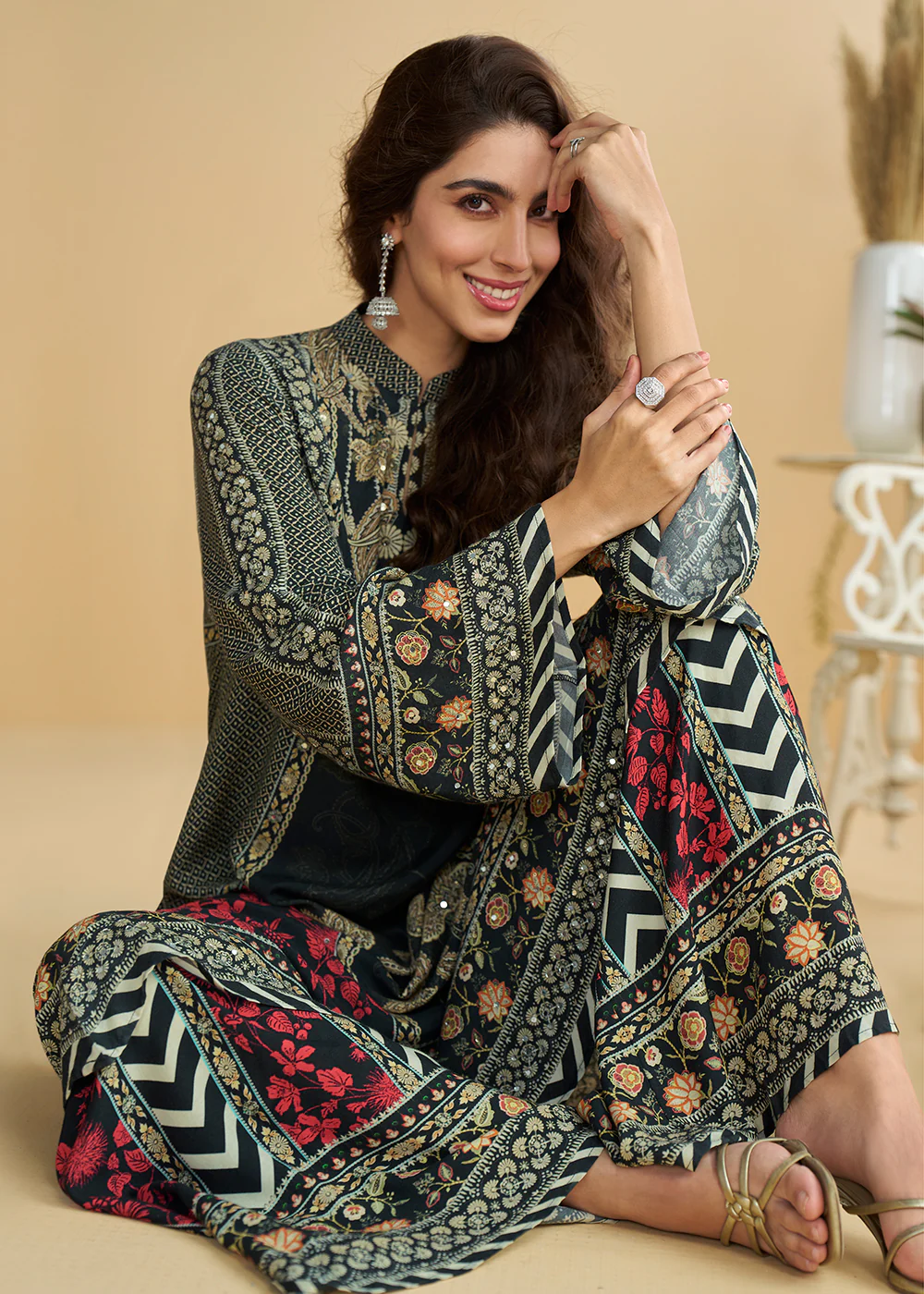 Black Trendy Crepe Printed Palazzo Style Suit - Image 2