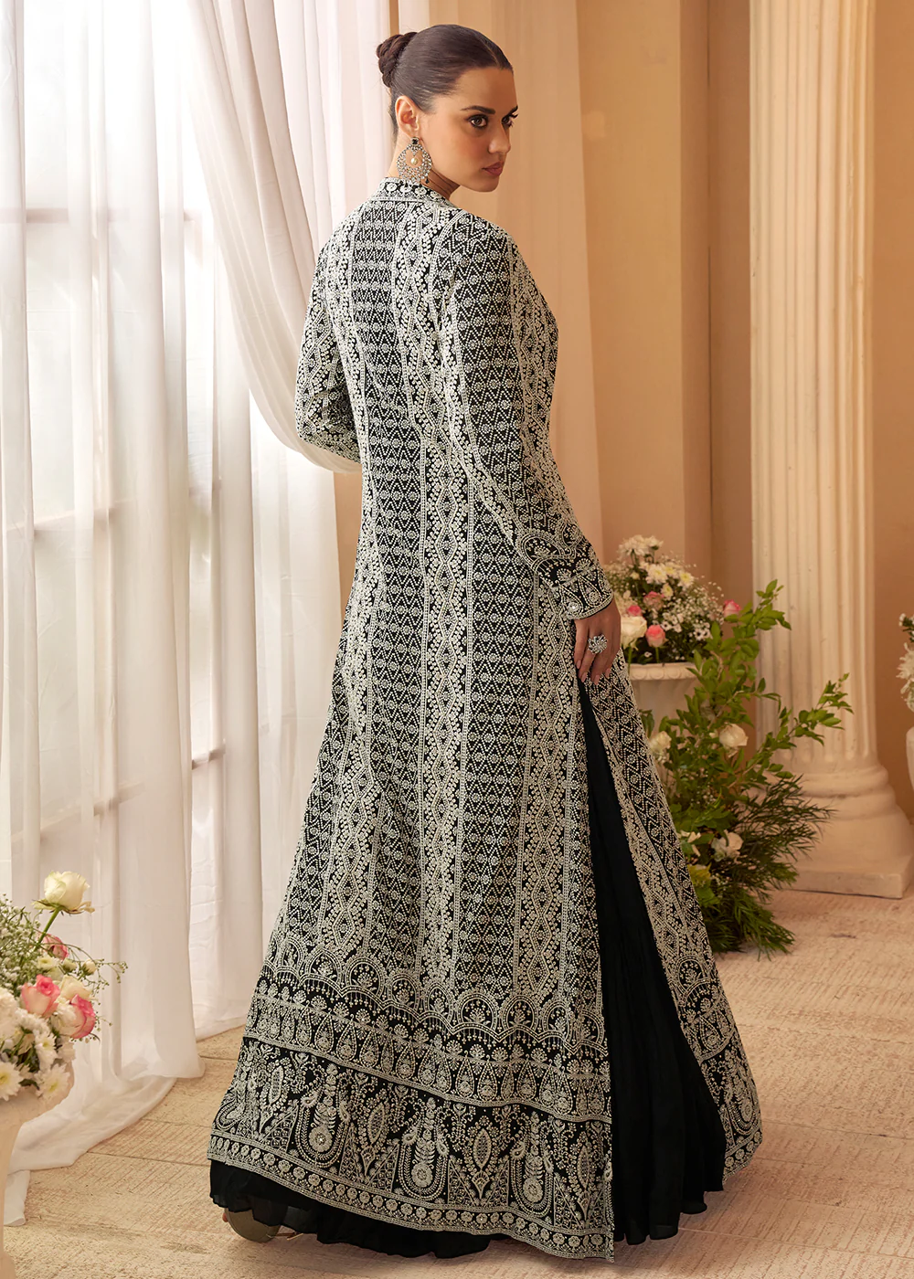 Black Trendy Jacket Style Wedding Look Anarkali Suit - Image 3