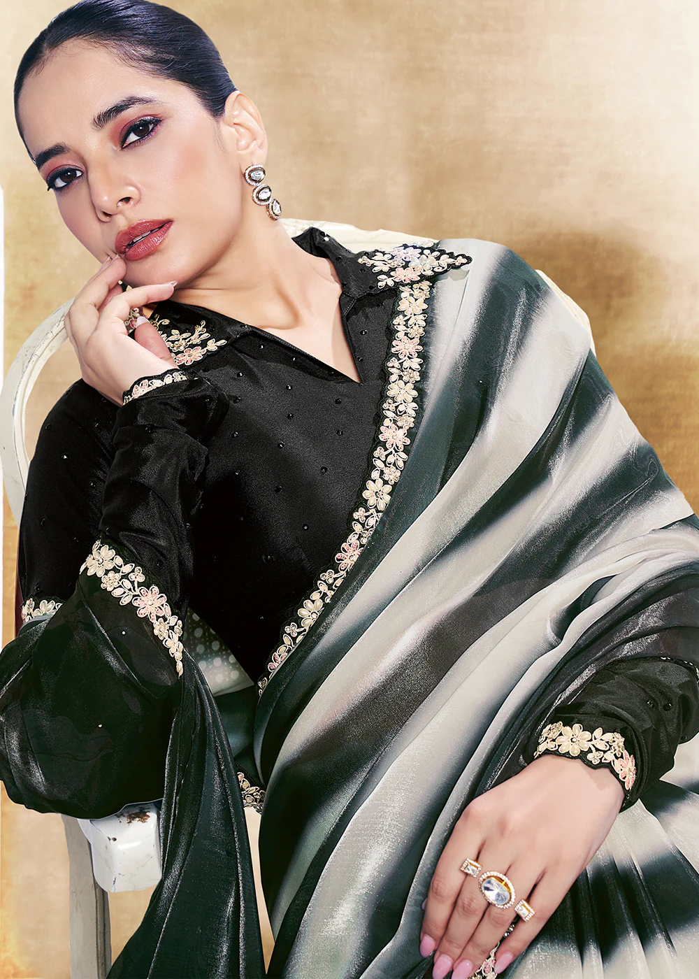 Black Two Tone Satin Silk Printed & Embroidered Festive Saree - Image 2