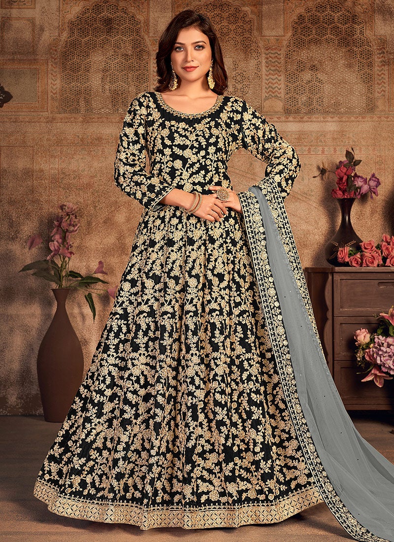 Black Velvet Abaya Style Floor Length Anarkali Suit