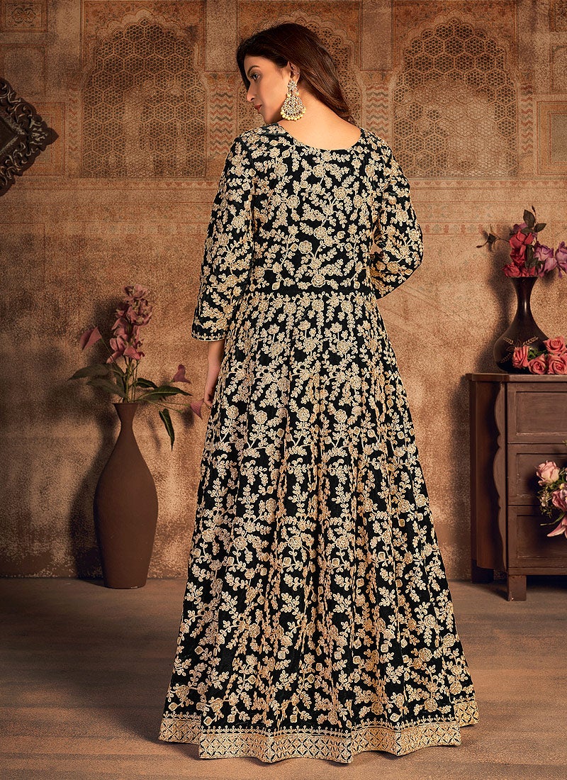 Black Velvet Abaya Style Floor Length Anarkali Suit - Image 2