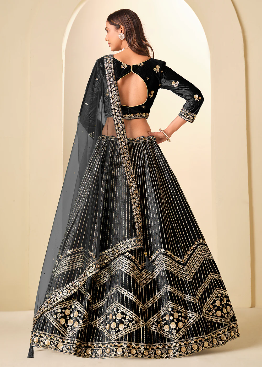 Black Velvet Beautifully Embroidered Lehenga Choli - Image 3