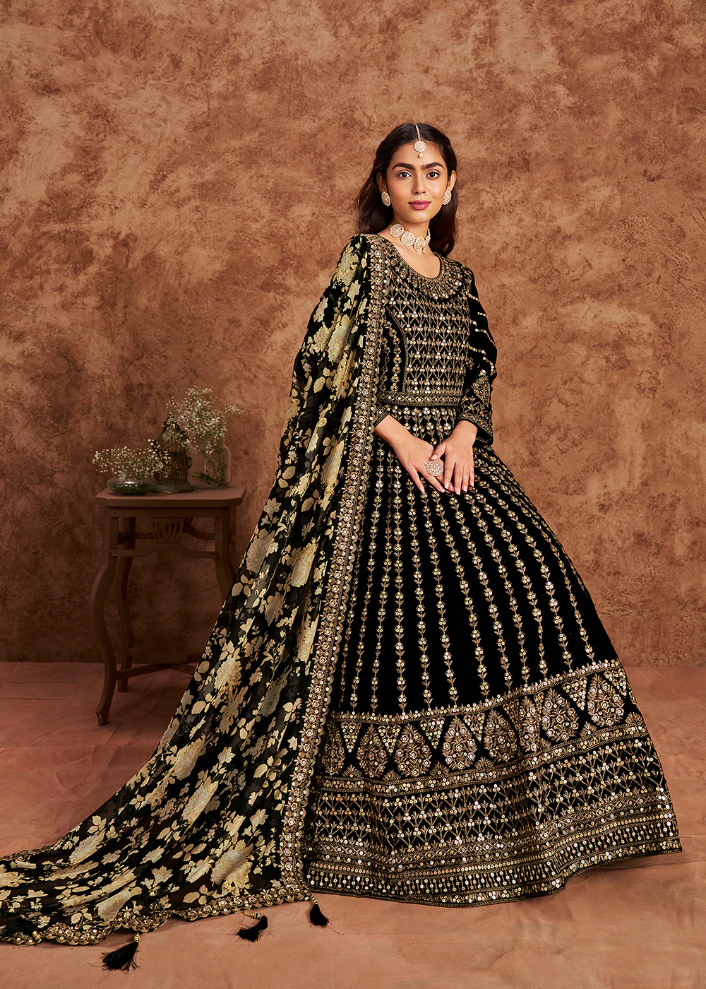 Black Velvet Embroidered Wedding Festive Anarkali Gown - Image 3
