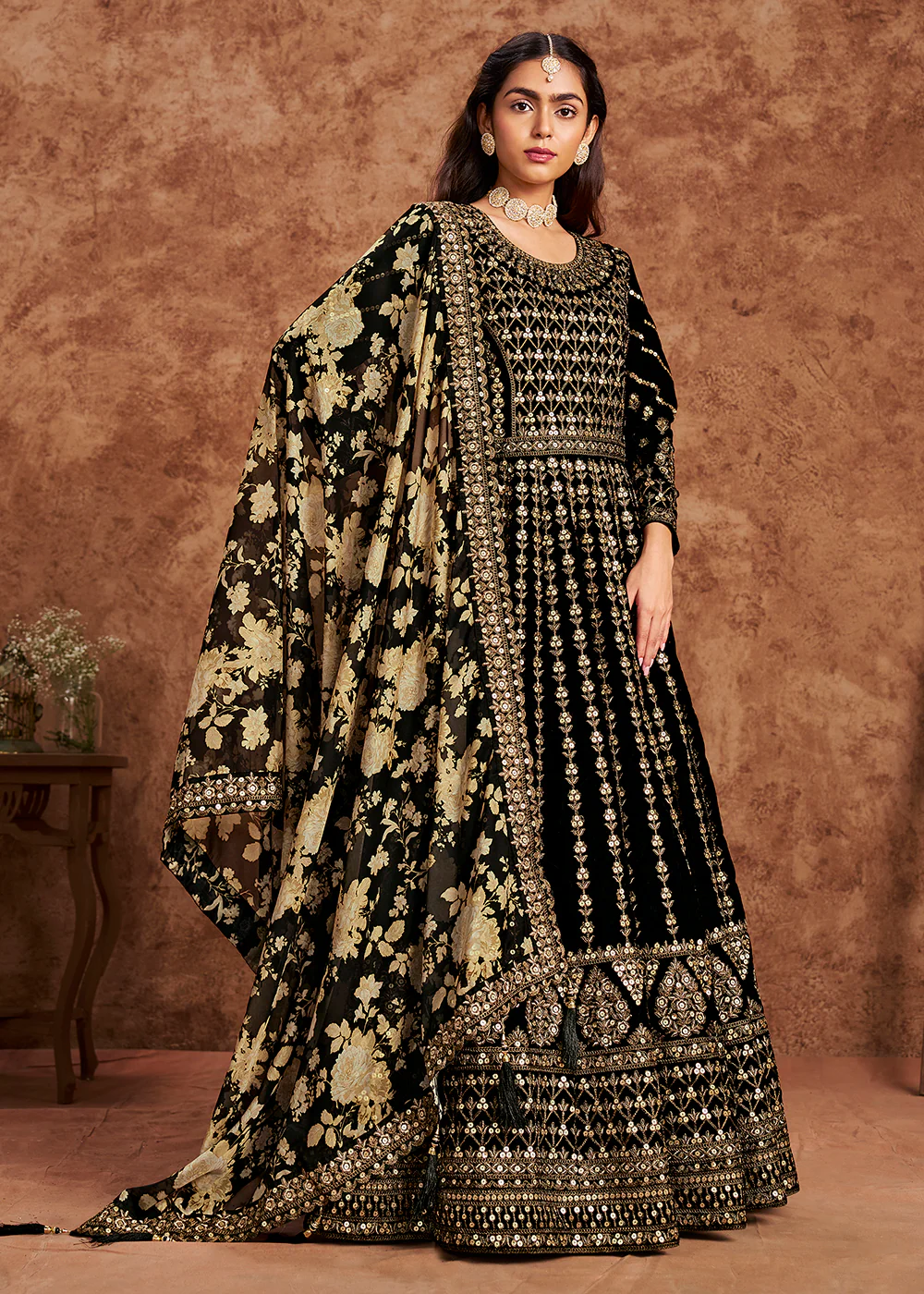 Black Velvet Embroidered Wedding Festive Anarkali Gown - Image 4