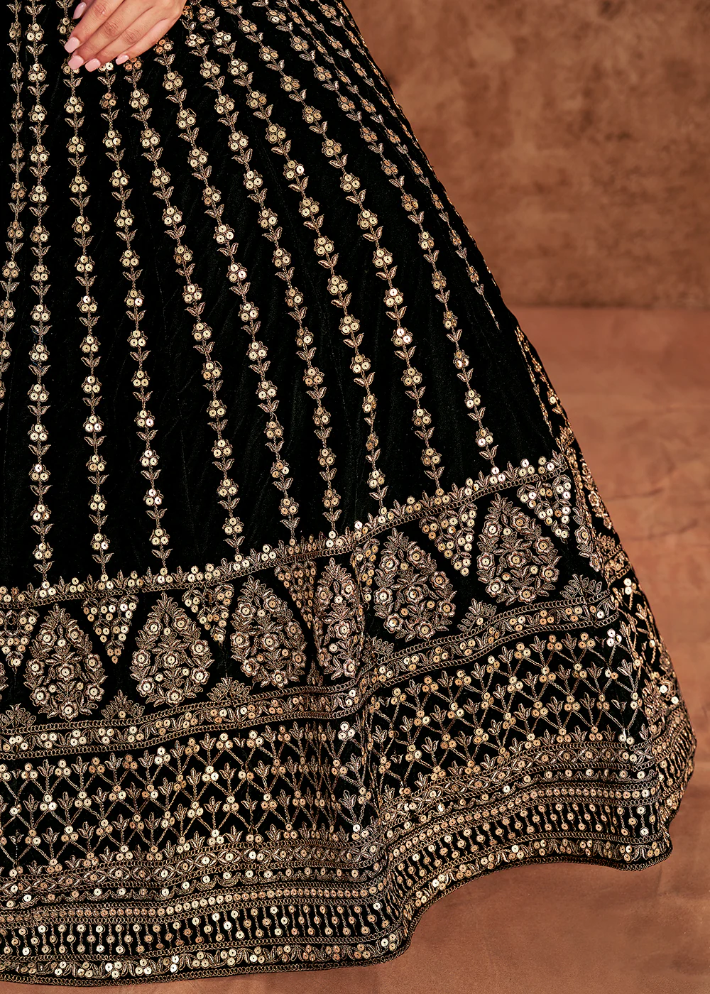 Black Velvet Embroidered Wedding Festive Anarkali Gown - Image 5