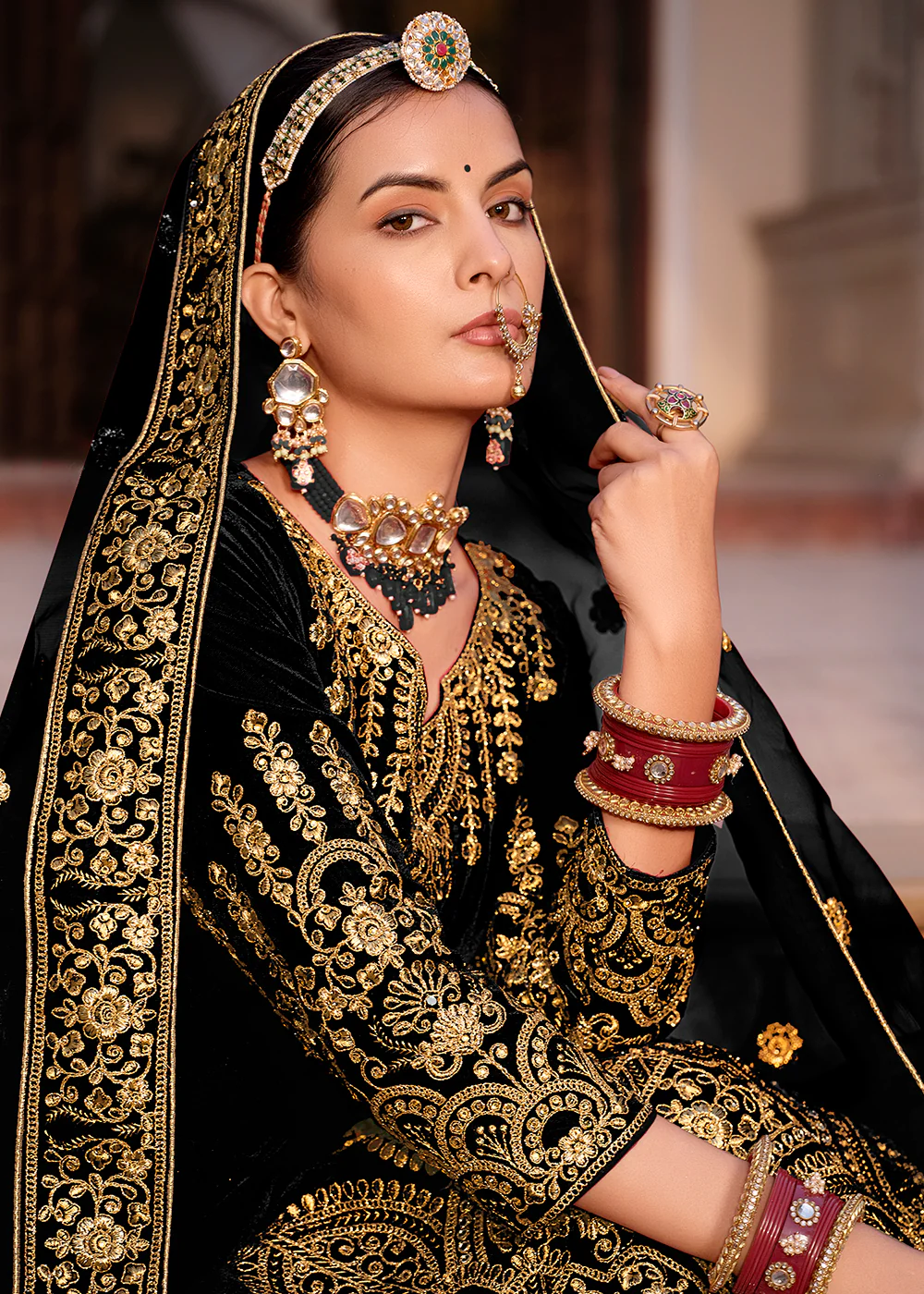 Black Velvet Front & Back Embroidery Wedding Anarkali Suit - Image 2